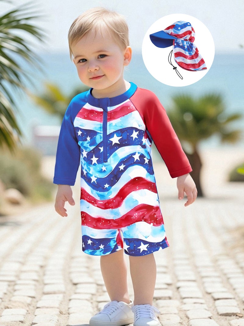 Kids Boys Patriotic Swimwear Summer Star Striped Prints Zipper Rash Guard Swimsuit and Hat Beachwear Bathing Suit - Image 4