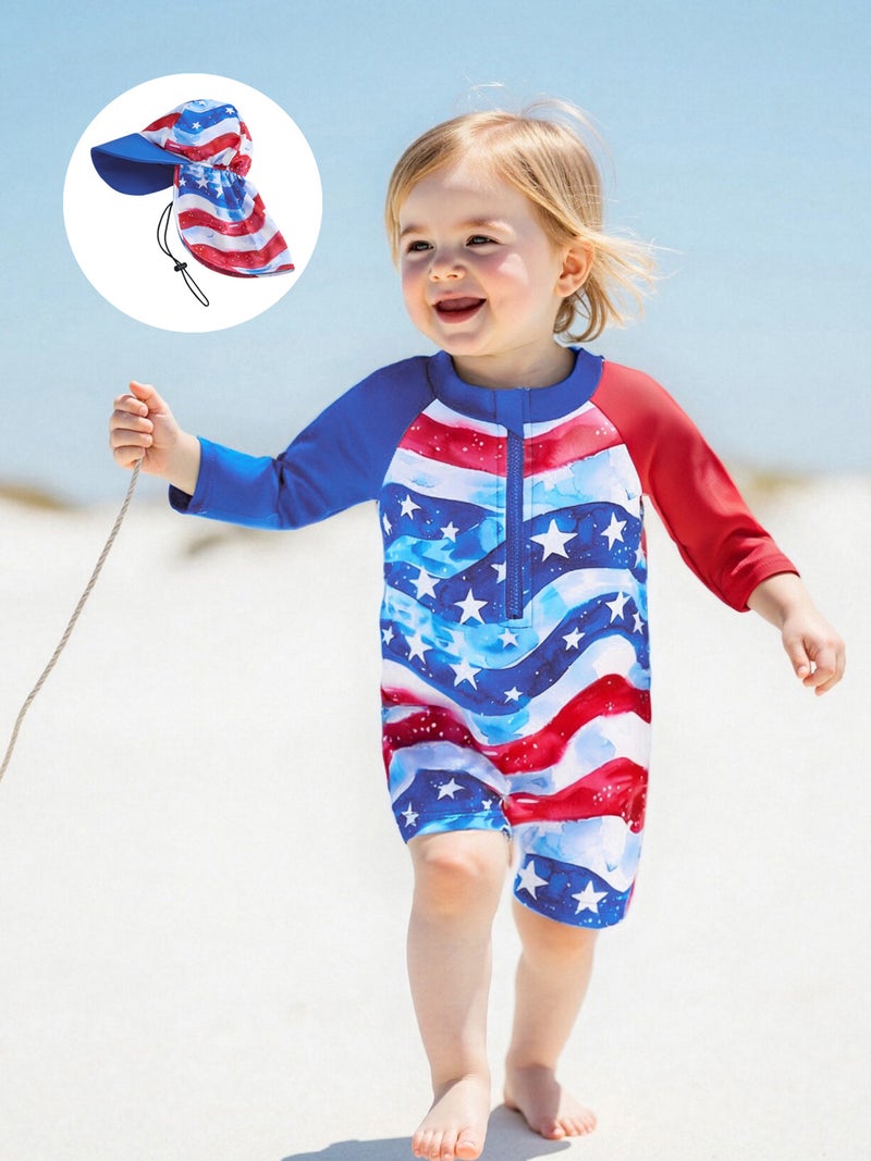 Kids Boys Patriotic Swimwear Summer Star Striped Prints Zipper Rash Guard Swimsuit and Hat Beachwear Bathing Suit - Image 3