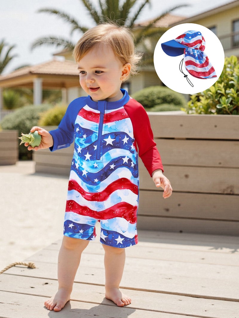 Kids Boys Patriotic Swimwear Summer Star Striped Prints Zipper Rash Guard Swimsuit and Hat Beachwear Bathing Suit - Image 5