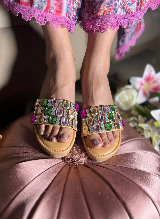 صندل ستوريز Beige and Multicoloured Embellished Wedge Sandals