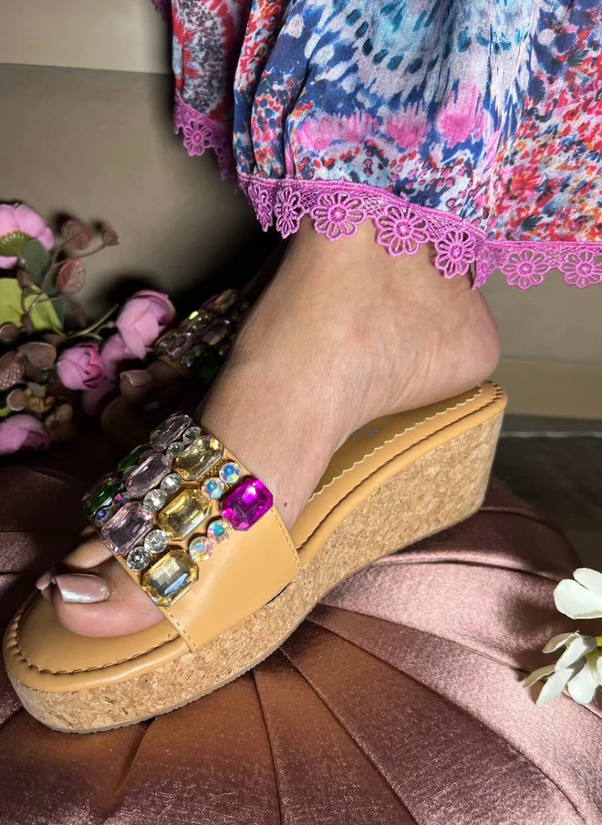 صندل ستوريز Beige and Multicoloured Embellished Wedge Sandals
