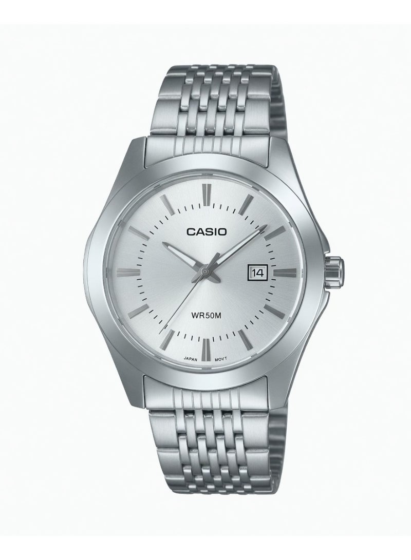 Casio MTP-VD03D-7B Enticer Men's Round Analog Watch with Silver Sunray Dial and Stainless Steel Bracelet