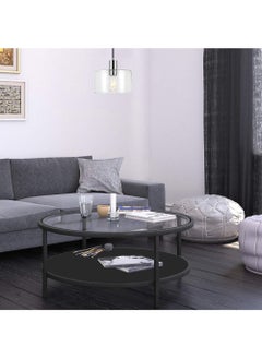 AGD 2 Tier Circular Coffee Table with Tempered Glass Top Shelf and Wood Storage Shelf in Black Bronze Finish 75 x 45 cm  - Image 3