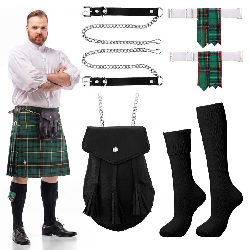 Arrowbash 3 Pcs Men Scottish Kilt Accessories Irish Traditional Scottish Socks Tartan Hose Flashes Sporran(Not Include Kilt)(Fresh Tones) - Image 1