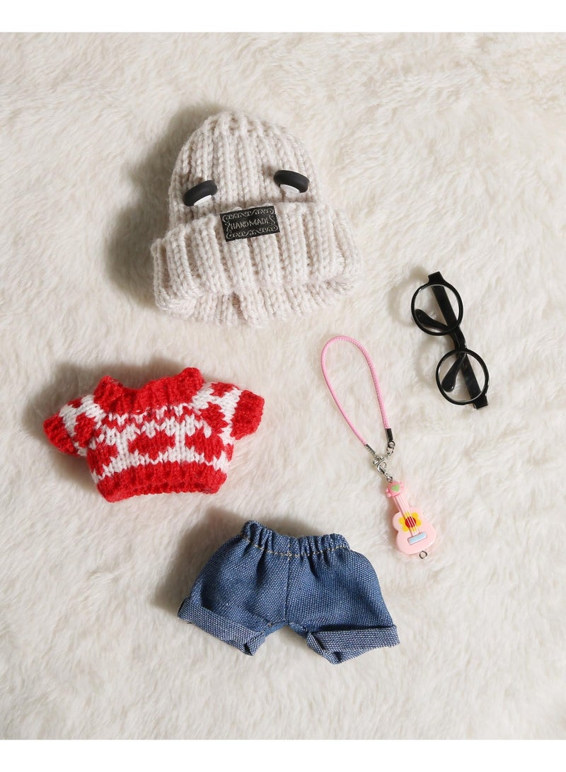 Bukela 17cm Doll Clothes 5 Pieces - Kawaii Chic Style Set for 17cm Dolls, Cute Doll Outfit with Accessories - Grey Bear Ears Hat + Red Sweater + Blue Jeans + Glasses (NO Doll) - Image 1