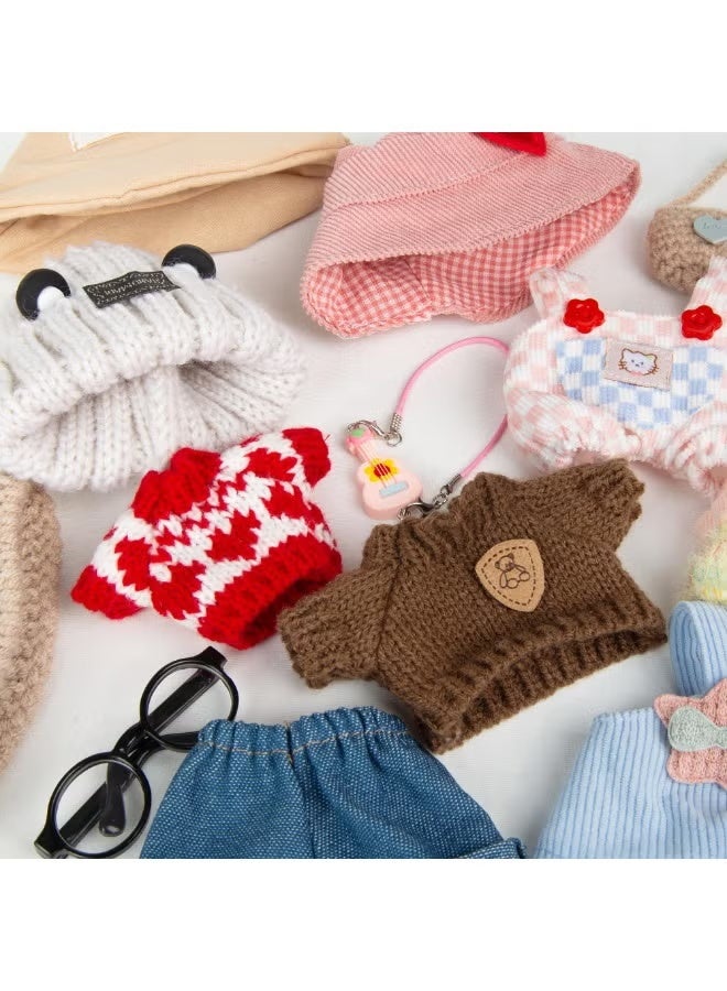 Bukela 17cm Doll Clothes 5 Pieces - Kawaii Chic Style Set for 17cm Dolls, Cute Doll Outfit with Accessories - Grey Bear Ears Hat + Red Sweater + Blue Jeans + Glasses (NO Doll) - Image 4