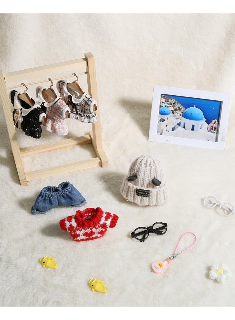 Bukela 17cm Doll Clothes 5 Pieces - Kawaii Chic Style Set for 17cm Dolls, Cute Doll Outfit with Accessories - Grey Bear Ears Hat + Red Sweater + Blue Jeans + Glasses (NO Doll) - Image 3