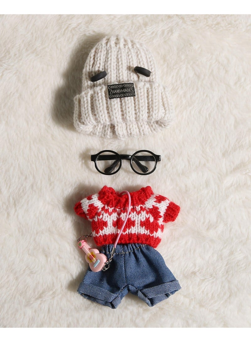 Bukela 17cm Doll Clothes 5 Pieces - Kawaii Chic Style Set for 17cm Dolls, Cute Doll Outfit with Accessories - Grey Bear Ears Hat + Red Sweater + Blue Jeans + Glasses (NO Doll) - Image 5