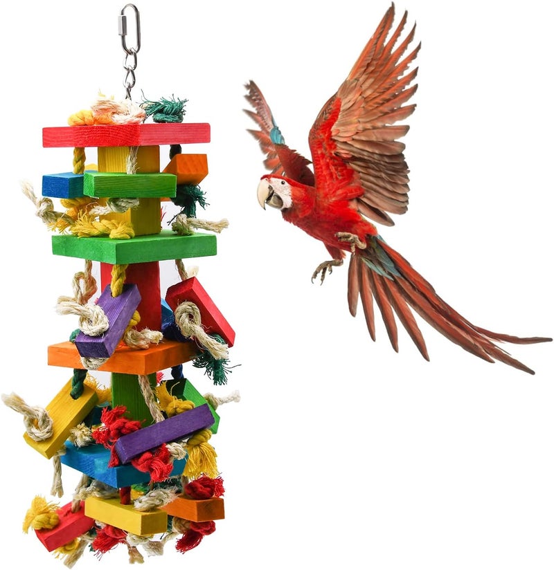 Ruby Q Large Parrot Toy, 20in Bird Parrot Toy, Multicolored Natural Wooden Bird Chewing Toys for Large Macaws, African Grey and a Variety of Amazon Parrots - Image 1
