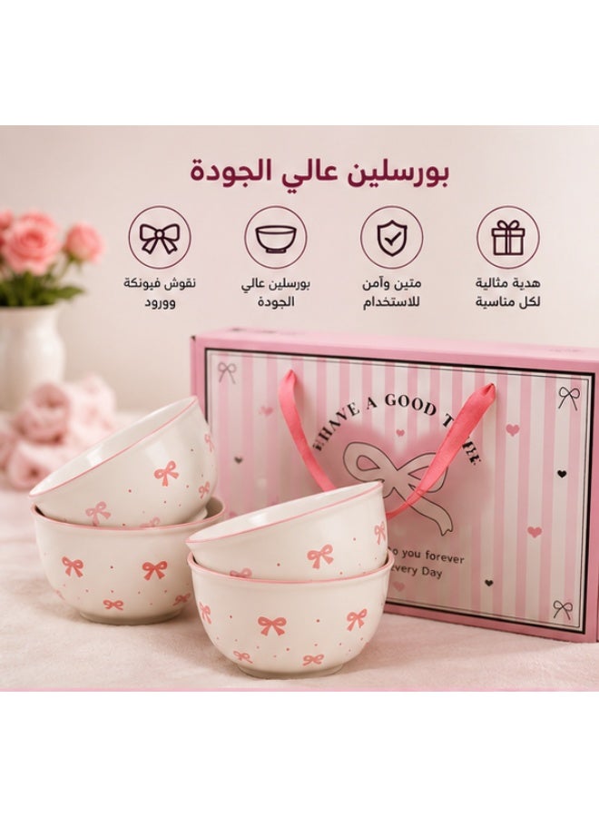 طقم بولات بورسلين فاخر 6 قطع | مقاس 10 سم | تصميم فيونكة وردية أنيق | آمن للميكروويف وغسالة الصحون | مثالي للحلويات والشوربة والسناكس والفواكه | علبة هدية فاخرة - Image 2