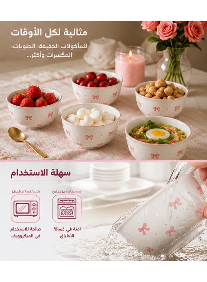 طقم بولات بورسلين فاخر 6 قطع | مقاس 10 سم | تصميم فيونكة وردية أنيق | آمن للميكروويف وغسالة الصحون | مثالي للحلويات والشوربة والسناكس والفواكه | علبة هدية فاخرة - Image 4