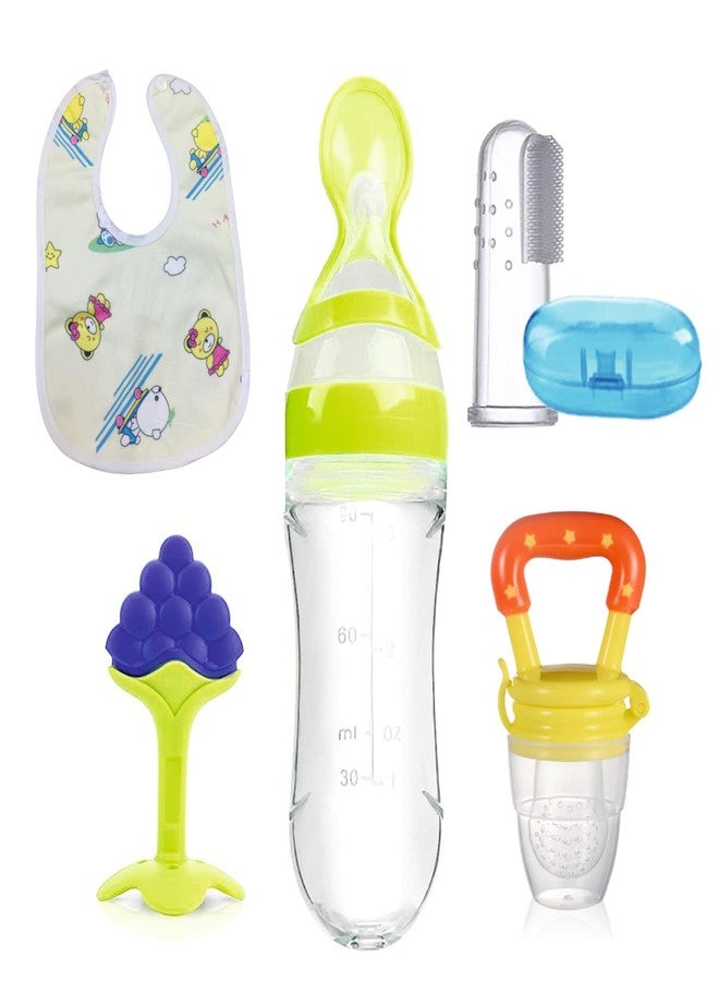 ROFORUF Baby Teething & Feeding Combo Pack | Silicone Spoon Bottle 90ml, Fruit Nibbler Pacifier, Fruit Shape Teether, Finger Toothbrush & Waterproof Baby Bib | BPA-Free Infant Essentials (Combo of 5 (5)) - Image 1