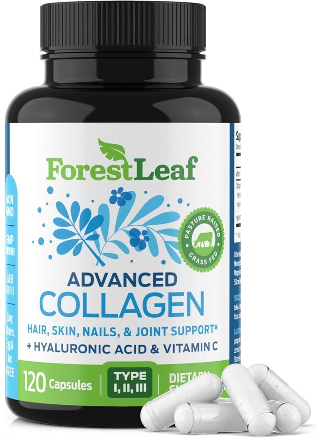 Type 1,2 and 3 with Hyaluronic Acid and Vitamin C - Anti Ageing Joint Formula Advanced Collagen Supplement B 120 Veggie Capsules by Forest Leaf