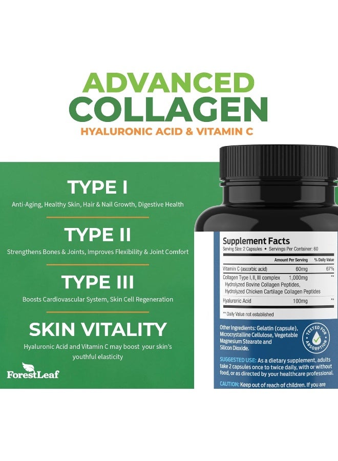 Type 1,2 and 3 with Hyaluronic Acid and Vitamin C - Anti Ageing Joint Formula Advanced Collagen Supplement B 120 Veggie Capsules by Forest Leaf