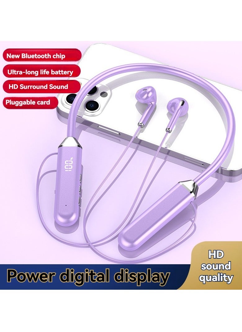 Generic Neck-mounted Bluetooth headset in-ear digital display sports running ultra-long battery life wireless Bluetooth headset purple  - Image 1