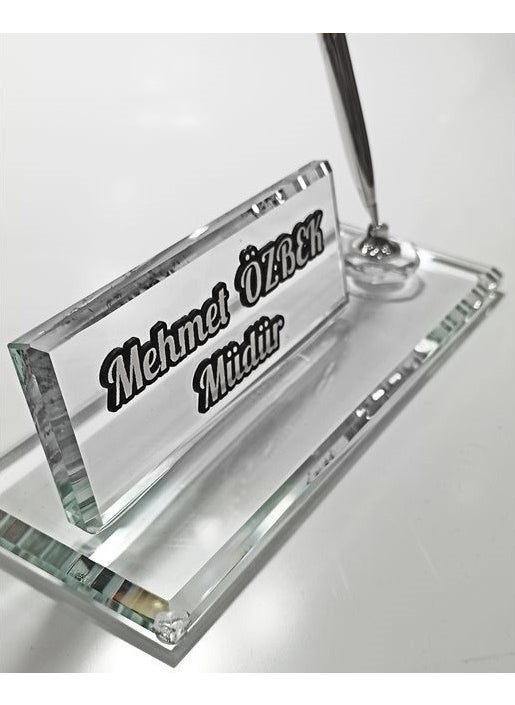 Mert Reklam - Name Plate Crystal Desk Name Plate with Pen for Office Desk Name Plate - Image 1