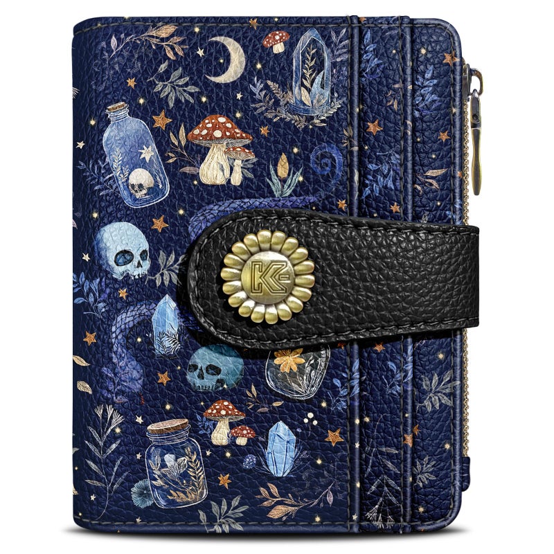 Kelvoris Skull Mushroom Snake Night Small Rfid Women Wallet Bifold Zipper Coin Pocket PU Leather Compact Cash Credit Card Holder Travel Wallet for Female Ladies Teen Girls 1 ID Window 10 Card Slots - Image 1