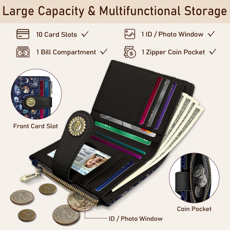Kelvoris Skull Mushroom Snake Night Small Rfid Women Wallet Bifold Zipper Coin Pocket PU Leather Compact Cash Credit Card Holder Travel Wallet for Female Ladies Teen Girls 1 ID Window 10 Card Slots - Image 4