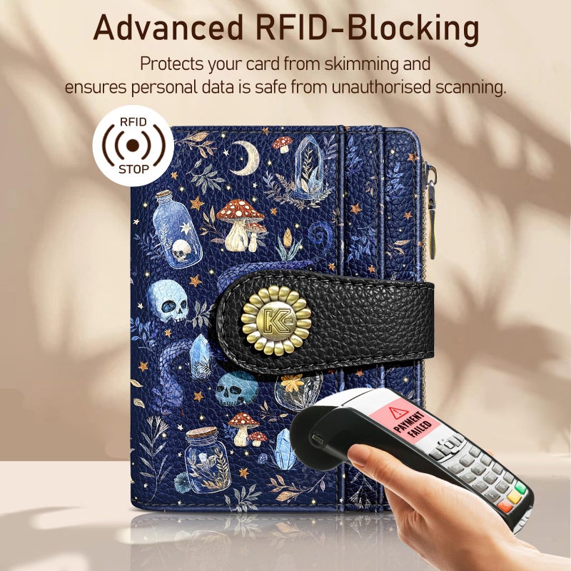 Kelvoris Skull Mushroom Snake Night Small Rfid Women Wallet Bifold Zipper Coin Pocket PU Leather Compact Cash Credit Card Holder Travel Wallet for Female Ladies Teen Girls 1 ID Window 10 Card Slots - Image 3