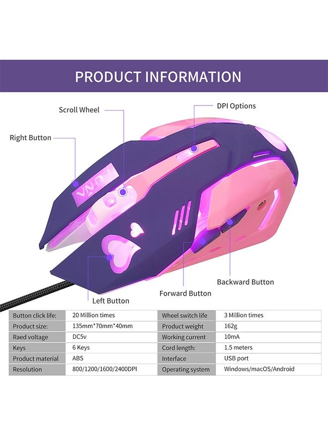 Mute Gaming Mouse, Optical Sensor Lightspeed Mice, RGB Backlit USB Optical Wired Plug or Play Mouse for Windows Mac PC Laptop Gamer (Pink) - Image 2