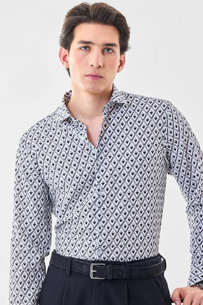 Snitch White Geometric Slim Fit Crushed Shirt for Men | Best Price UAE