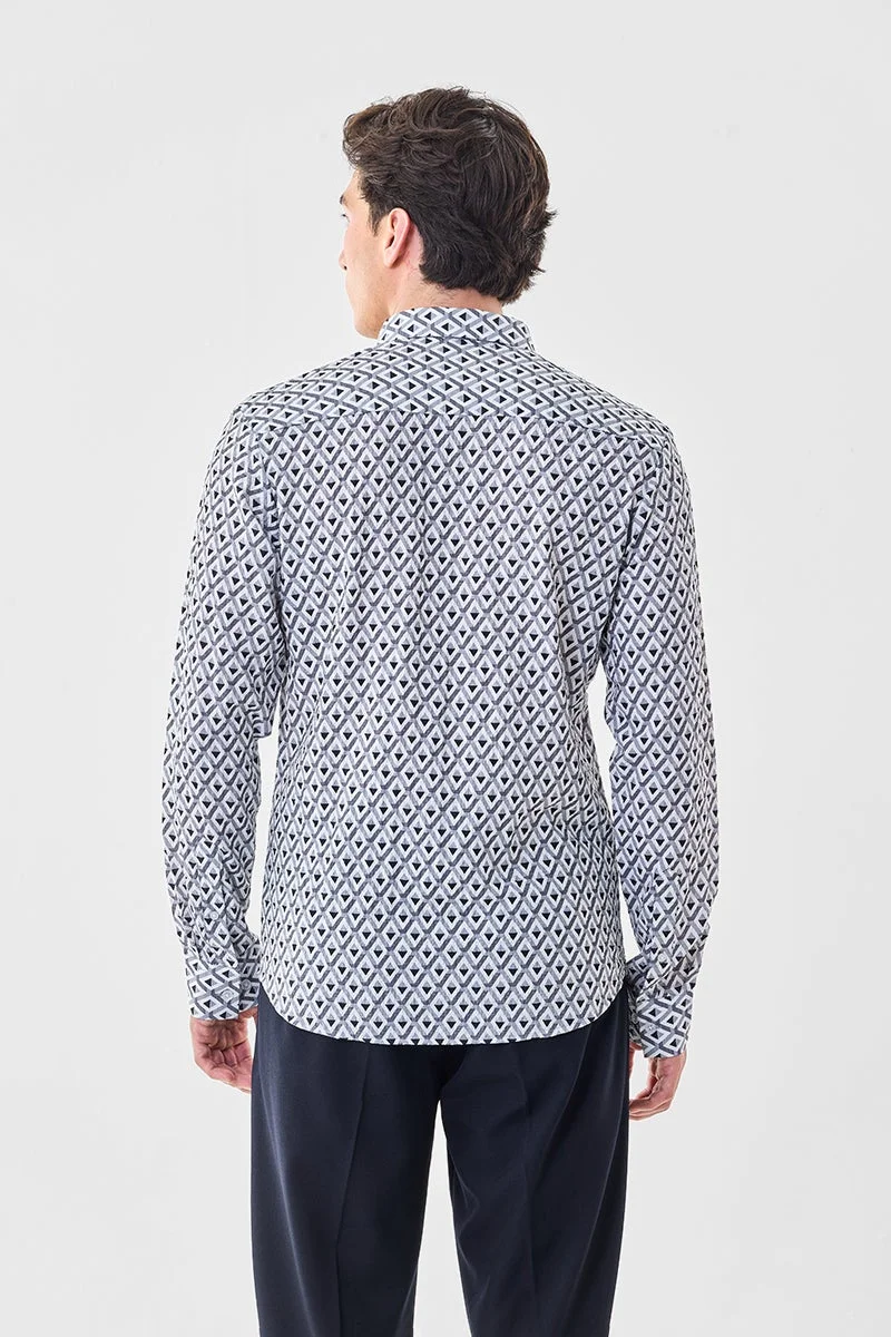 Snitch White Geometric Slim Fit Crushed Shirt for Men | Best Price UAE