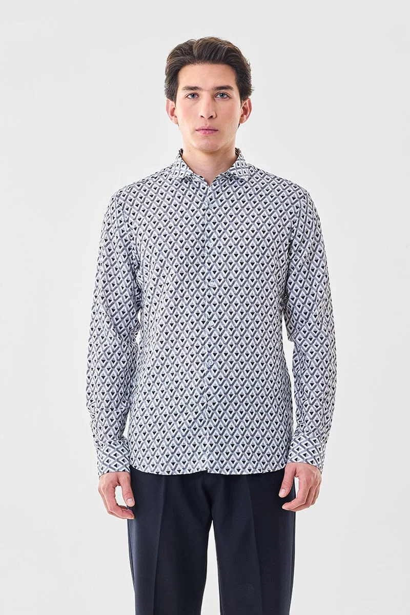 Snitch White Geometric Slim Fit Crushed Shirt for Men | Best Price UAE