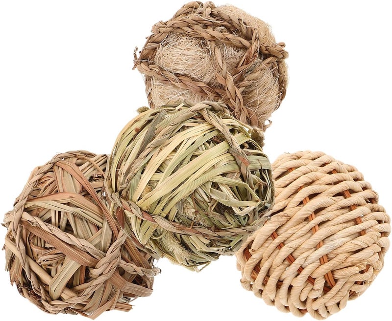 FRCOLOR 4pcs Hand-Woven Chew Grass Balls for Small Pets – Natural Hay, Corn Husk, Reed, and Sisal Rope – Teeth Grinding for Rabbits, Guinea Pigs, Hamsters, Chinchillas, and Birds - Image 1