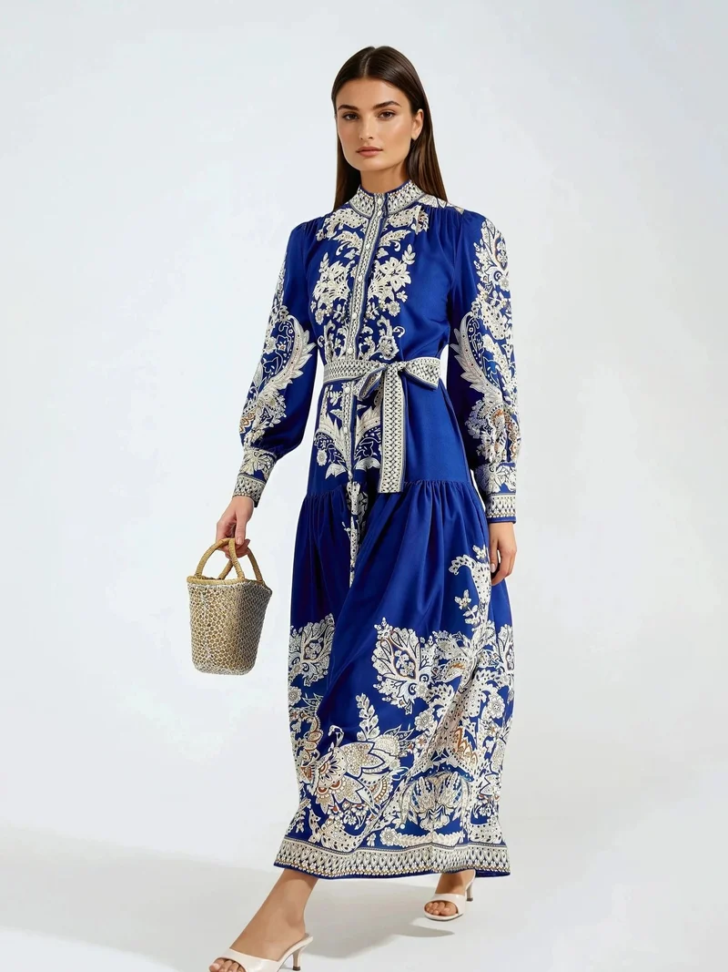 جينيفر Maxi Dress with Mandarin Collar and Belt