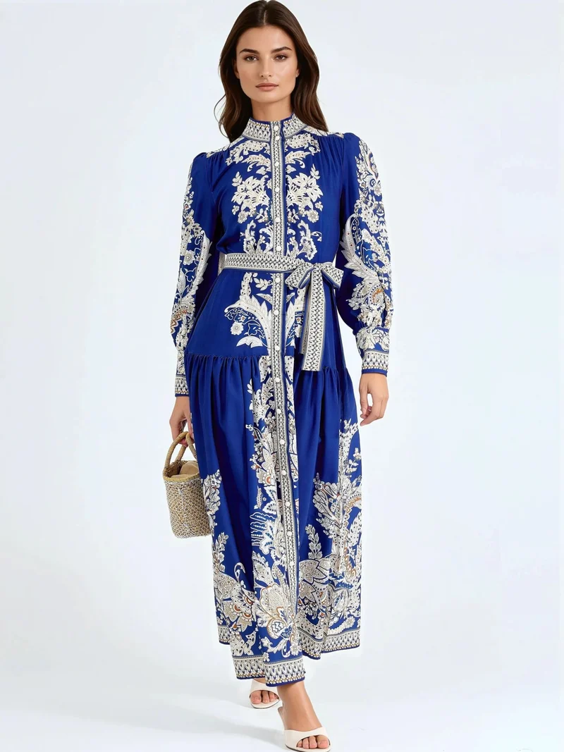 جينيفر Maxi Dress with Mandarin Collar and Belt