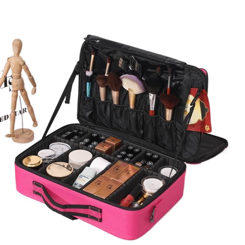Case Large Capacity Makeup Train for cosmetics and travel with Carry Handle Cosmetic Organizer and Large Capacity Pouch in Red - Image 1