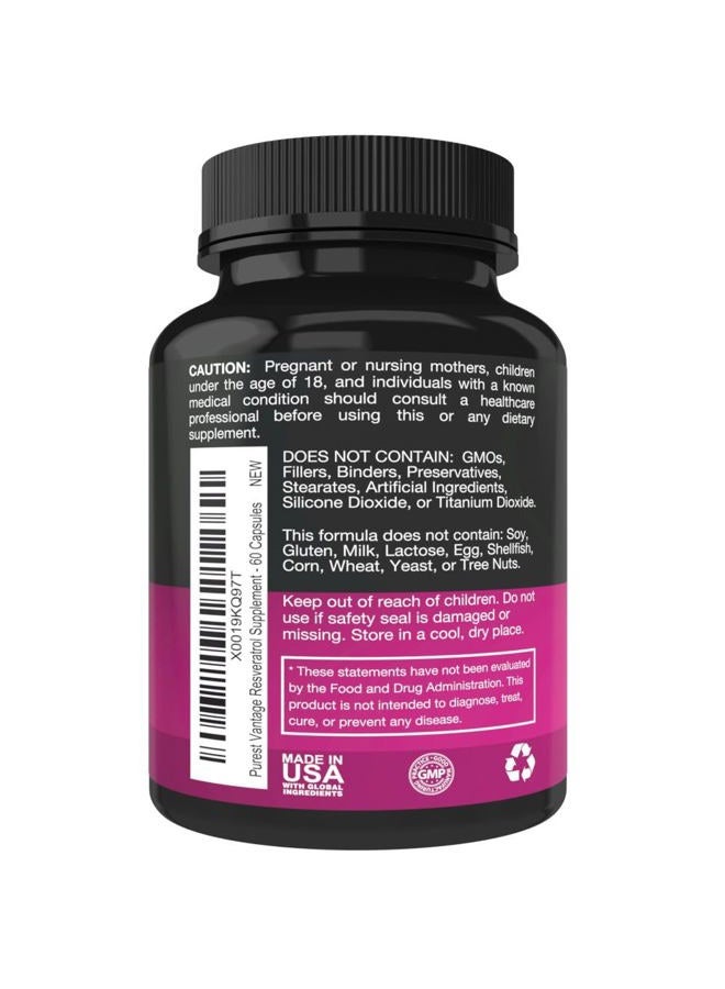 Purest vantage Resveratrol Supplement - Potent 1400mg Formula with Trans Resveratrol, Quercetin, Grape Seed, Green Tea, Acai and Red Wine Extract - 60 Veggie Capsules - Image 3