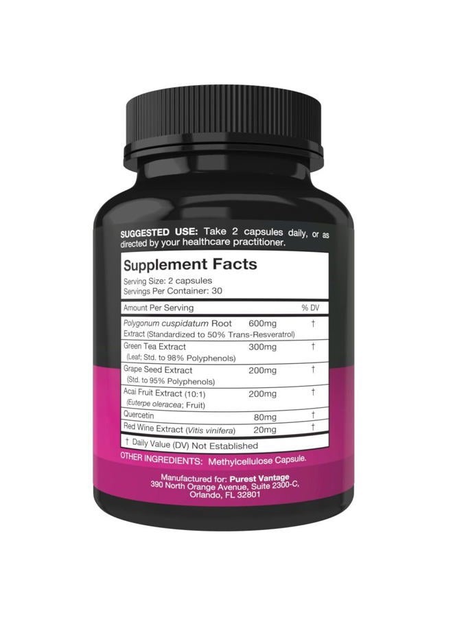 Purest vantage Resveratrol Supplement - Potent 1400mg Formula with Trans Resveratrol, Quercetin, Grape Seed, Green Tea, Acai and Red Wine Extract - 60 Veggie Capsules - Image 2