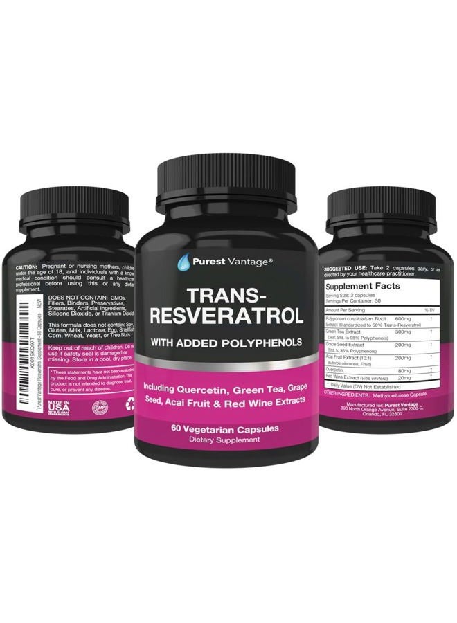Purest vantage Resveratrol Supplement - Potent 1400mg Formula with Trans Resveratrol, Quercetin, Grape Seed, Green Tea, Acai and Red Wine Extract - 60 Veggie Capsules - Image 4