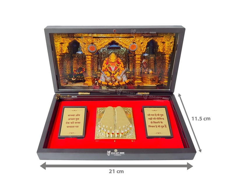 GoldGiftIdeas إطارات صور هانومانجي المطلية بالذهب عيار 24 مع صندوق تشاران بادوكا هدية عودة من باغيشوار دهام هدية رام باكات هانومان الخشبية - Image 4