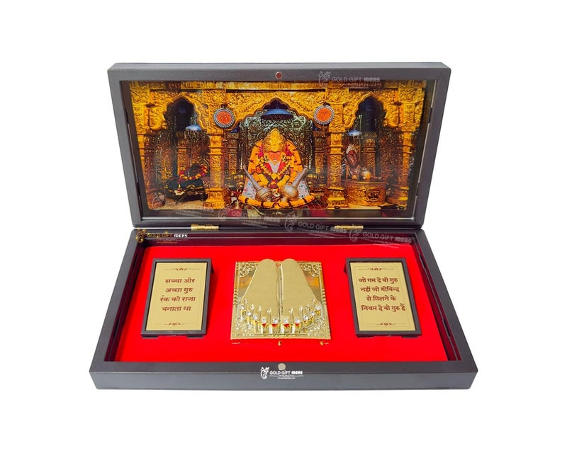 GoldGiftIdeas إطارات صور هانومانجي المطلية بالذهب عيار 24 مع صندوق تشاران بادوكا هدية عودة من باغيشوار دهام هدية رام باكات هانومان الخشبية - Image 1