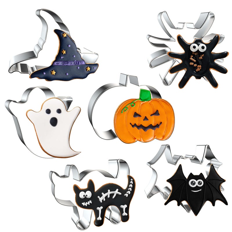 FUSOTO Halloween Cookie Cutters 6 Pcs Holiday Cookie Cutters Halloween Shapes  Spider Pumpkin Bat Cat Ghost Witch Hat for Cookie Baking