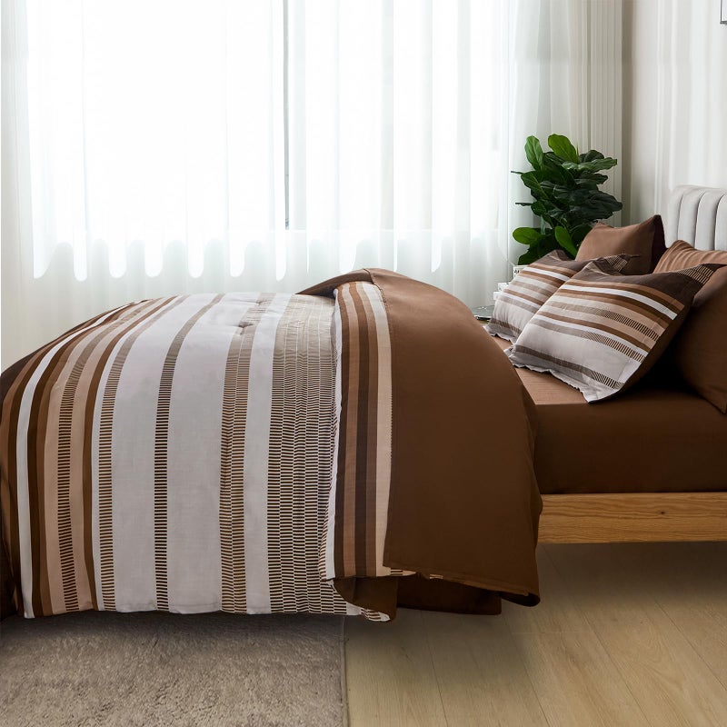 DOBUYLY BROWN COMFORTER SIZE 7 قطع سرير مخطط بوهو في حقيبة مجموعة من الألياف الدقيقة الناعمة الفراش مع وسادات وملاءات الشرائح المعزي - Image 4