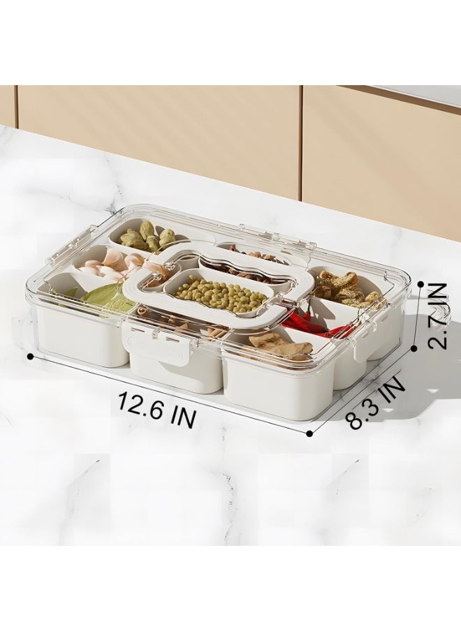 Divided Serving Tray with Lid and Handle - 9 Compartment Snack Box Container Portable Storage Organizer Container for Fruit, Candy, Veggie, Nuts, Spices& Snacks, Perfect for Party, Travel& Picnic