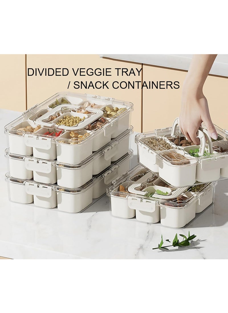 Divided Serving Tray with Lid and Handle - 9 Compartment Snack Box Container Portable Storage Organizer Container for Fruit, Candy, Veggie, Nuts, Spices& Snacks, Perfect for Party, Travel& Picnic