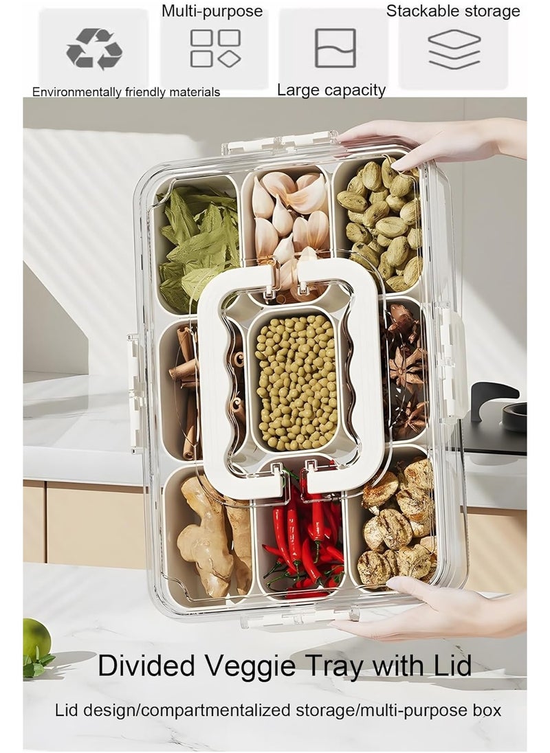Divided Serving Tray with Lid and Handle - 9 Compartment Snack Box Container Portable Storage Organizer Container for Fruit, Candy, Veggie, Nuts, Spices& Snacks, Perfect for Party, Travel& Picnic