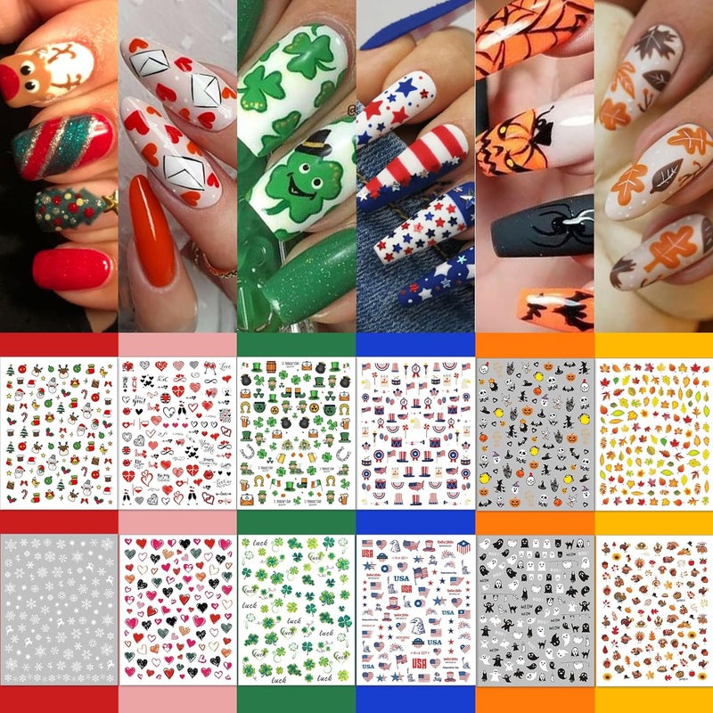 TailaiMei TailaiMei 20 Sheet All Holidays Nail Art Stickers, Mixed Seasons Variety Pack for Halloween Fall Christmas Valentine's Day Nail Decals, Self-Adhesive Design Year Round Assorted Nail Decorations
