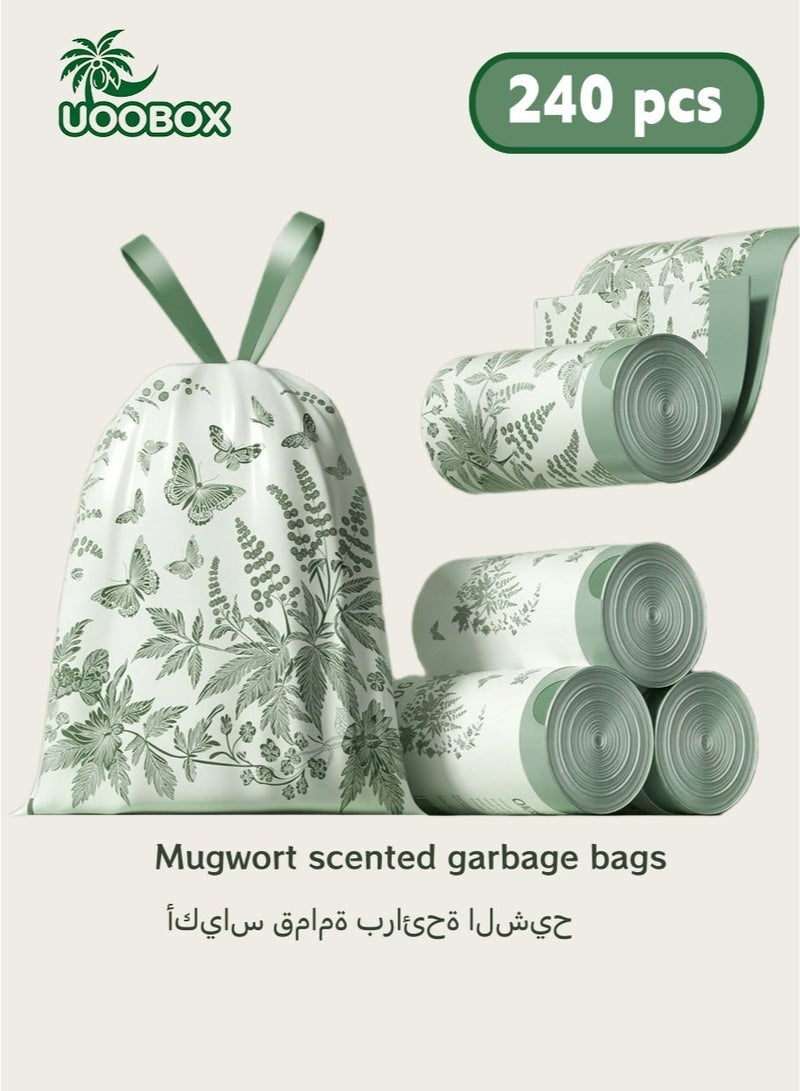 uoobox 240 Pcs Mugwort Scented Drawstring Trash Bags, 4 Rolls, 8 Gallon, 45x45cm, Thick PE Leakproof Tear-Resistant Garbage Bags With Handles For Kitchen Bathroom Bedroom - Image 1