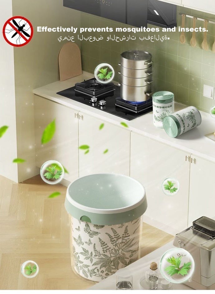 uoobox 240 Pcs Mugwort Scented Drawstring Trash Bags, 4 Rolls, 8 Gallon, 45x45cm, Thick PE Leakproof Tear-Resistant Garbage Bags With Handles For Kitchen Bathroom Bedroom - Image 3