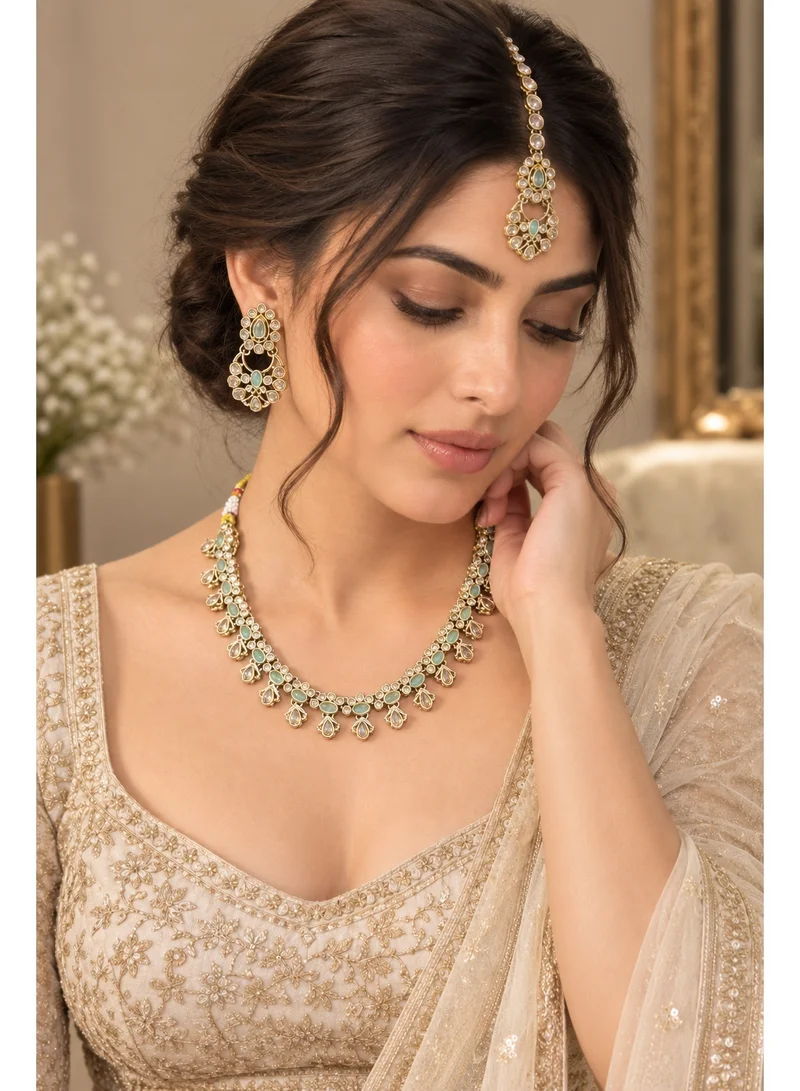 Lehar Mint Green Kundan Necklace Set with Filigree Earrings & Maang Tikka - Indian Bridal Jewelry