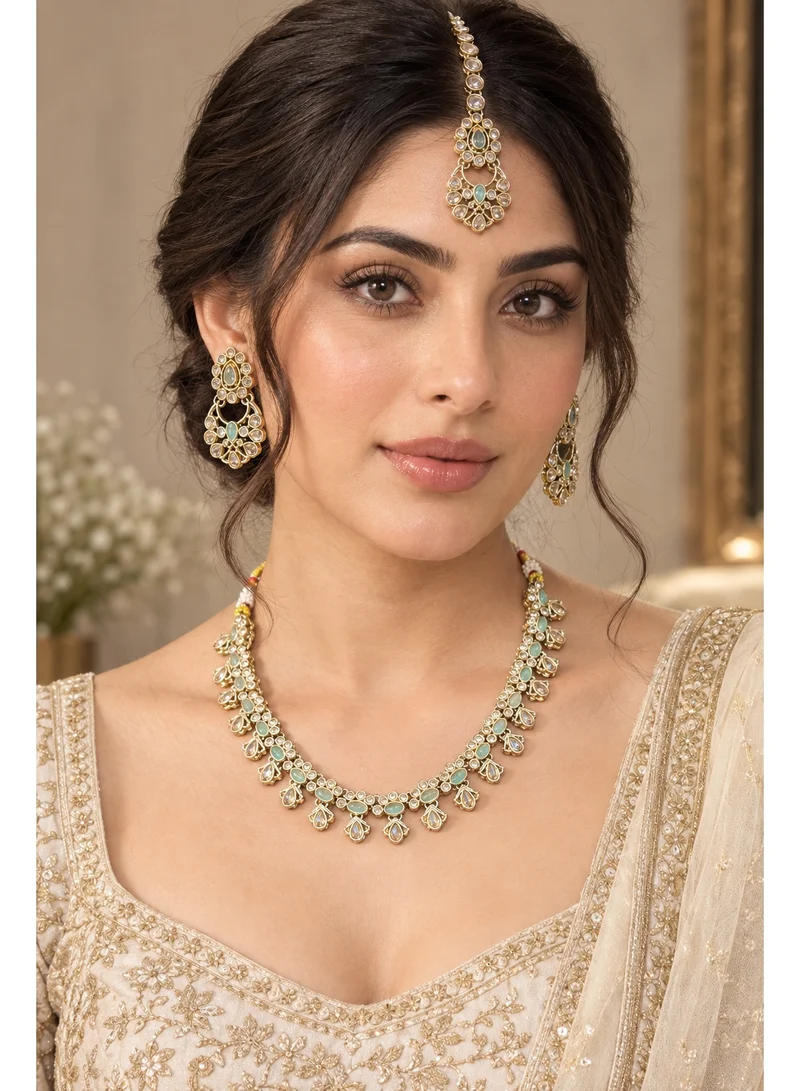 Lehar Mint Green Kundan Necklace Set with Filigree Earrings & Maang Tikka - Indian Bridal Jewelry