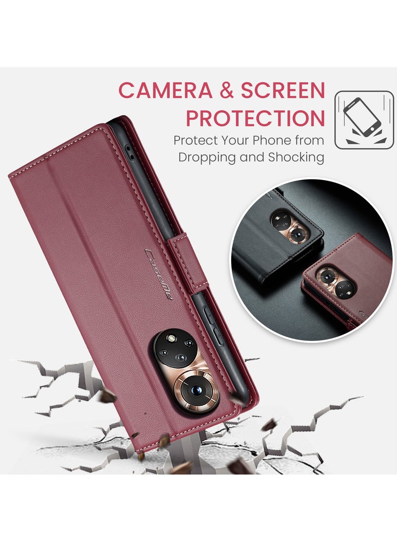 CaseMe Phone Case Luxury PU Leather Design Anti Fingerprint 023 Flip Cover Card Slot Holder Cover For Honor 50  (Red) - Image 3