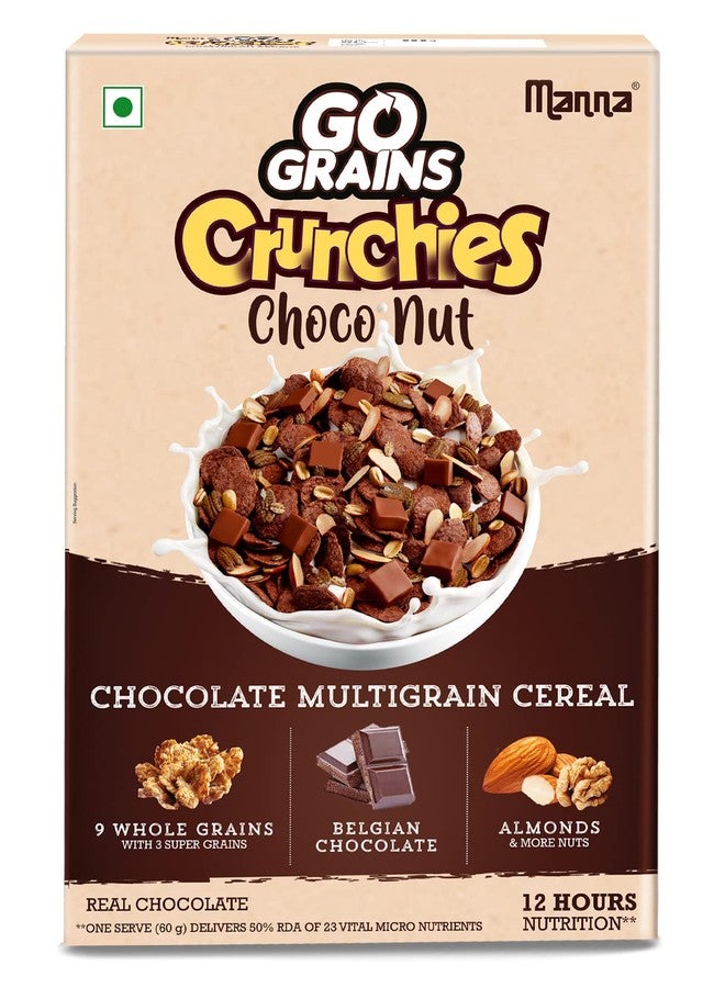 Manna Go Grains Crunchies, Real Belgian Chocolate. Multigrain Breakfast Cereal. No Maida, No Refined Sugar. Fortified Cereal with 50% RDA of 23 Essential Vitamins and Minerals in every bowl. 450g - Image 1