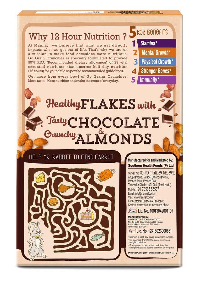Manna Go Grains Crunchies, Real Belgian Chocolate. Multigrain Breakfast Cereal. No Maida, No Refined Sugar. Fortified Cereal with 50% RDA of 23 Essential Vitamins and Minerals in every bowl. 450g - Image 2
