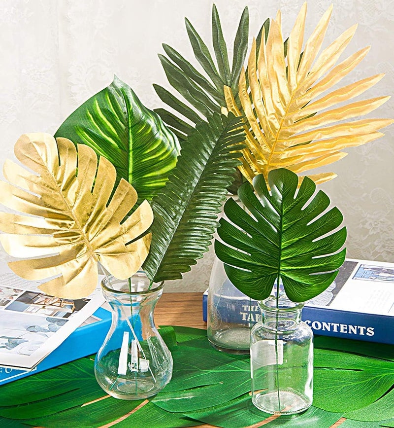 LOMIRO 78 Pieces 9 Kinds Artificial Tropical Leaf Jungle Leaves Golden Plant Safari Leaves Decorations for Hawaiian Party Decorations Beach Birthday Luau Party Decorations - Image 3